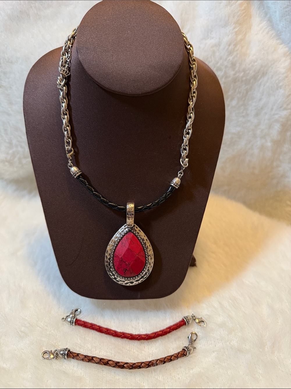 Premier Designs Teardrop Pendant Necklace with Red Stone and Black/Brown Straps